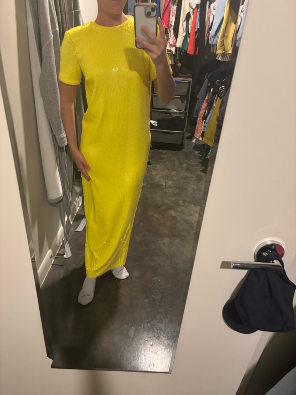 MSGM Bright Yellow Sequin Short-Sleeve Maxi Dress